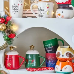 Karaca New Year Christmas Soft Touch Porcelain Mug, 340ml, Red Multi