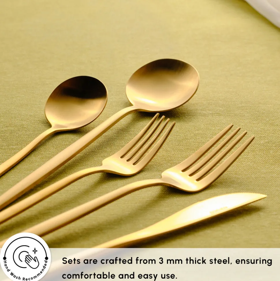 Karaca Orion 30-Piece Stainless Steel Cutlery Set for 6 People, Matte Gold
