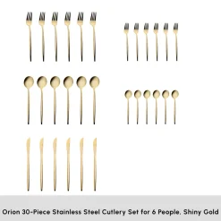 Karaca Orion 30-Piece Stainless Steel Cutlery Set for 6 People, Shiny Gold