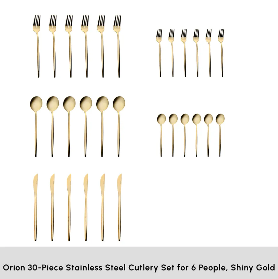 Karaca Orion 30-Piece Stainless Steel Cutlery Set for 6 People, Shiny Gold