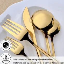 Karaca Orion 30-Piece Stainless Steel Cutlery Set for 6 People, Shiny Gold