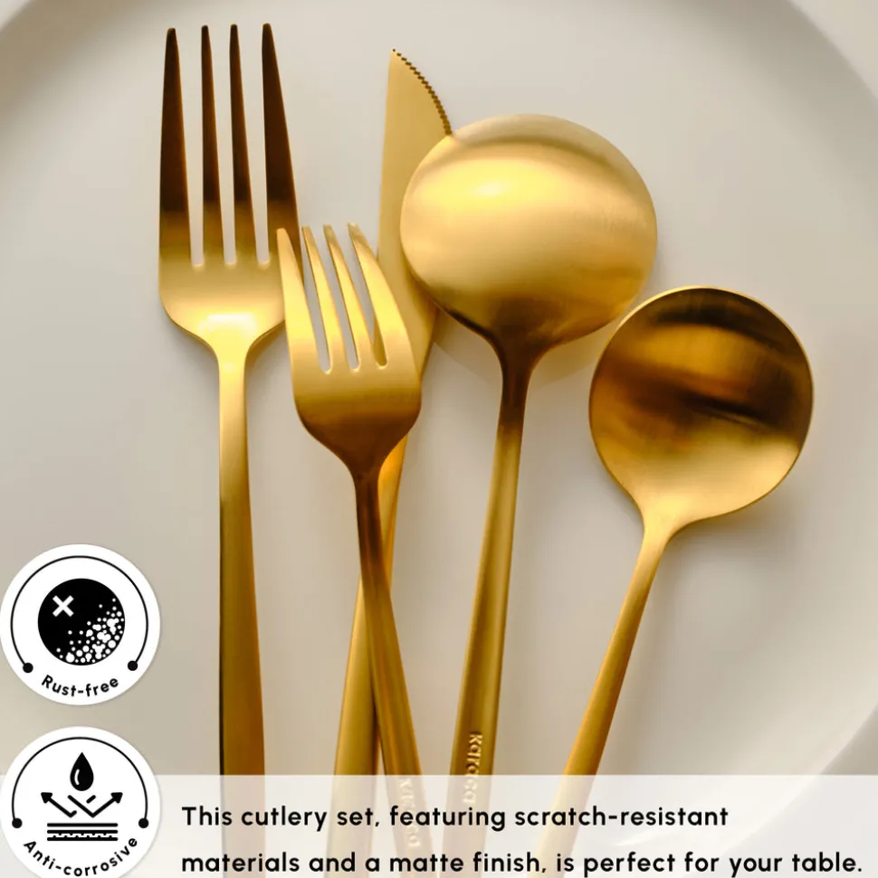 Karaca Orion 60-Piece Stainless Steel Cutlery Set for 12 People, Matte Gold