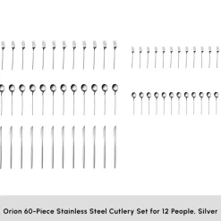 Karaca Orion Silver 60-Piece Stainless Steel Cutlery Set for 12 People, Silver