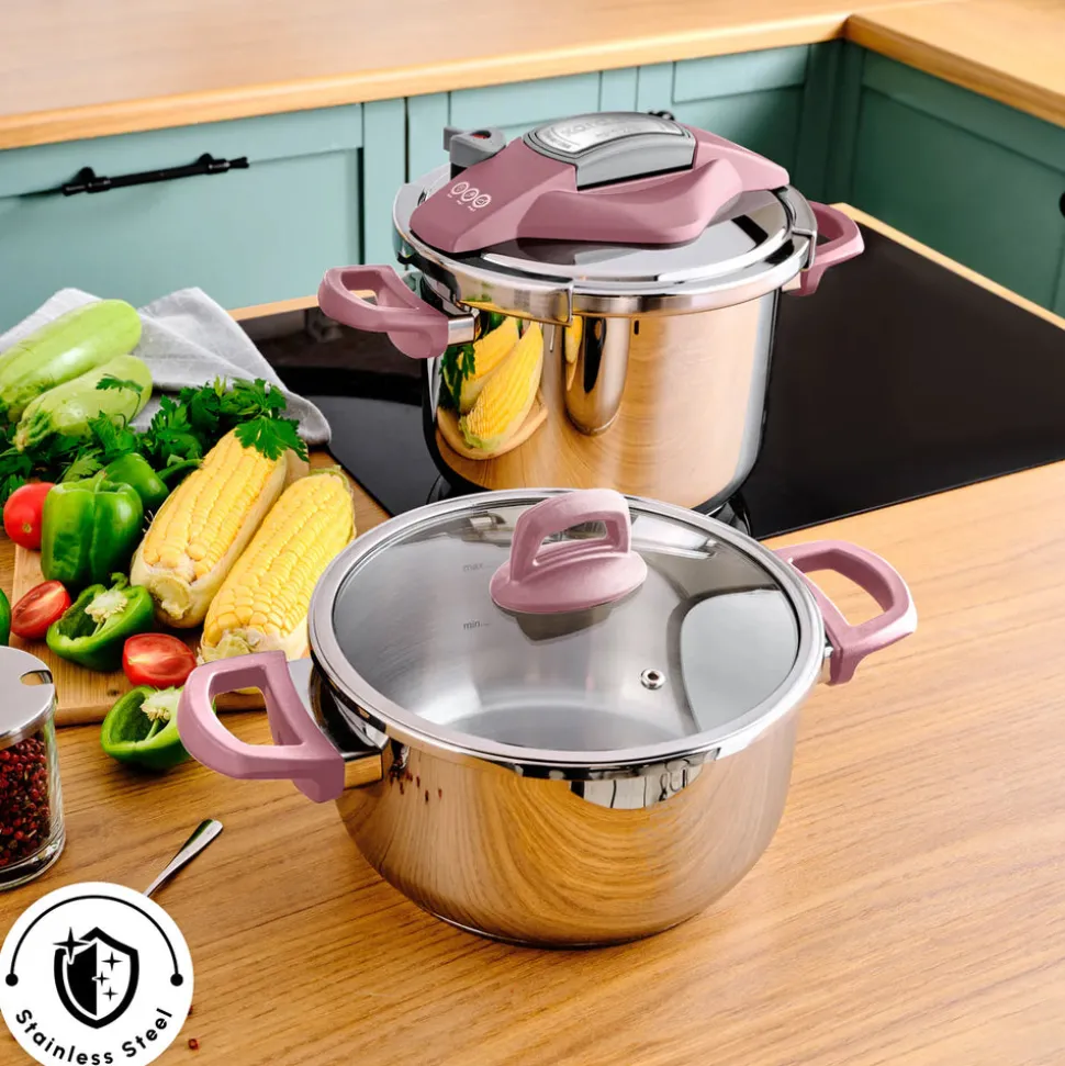 Karaca Perfect 2-Piece Stainless Steel Induction Pressure Cooker Set, 4L+6L, Pink Silver