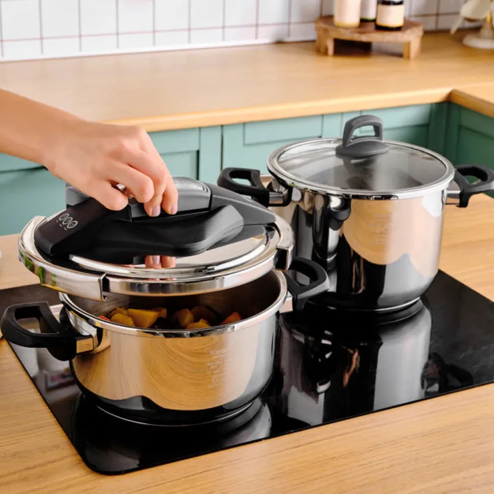 Karaca Perfect 2-Piece Stainless Steel Induction Pressure Cooker Set, 4L+6L, Black Silver