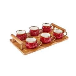 Karaca 12-Piece Bone China Espresso Turkish Coffee Cup Set with Bamboo Tray for 6 People, 90ml, Red Multi