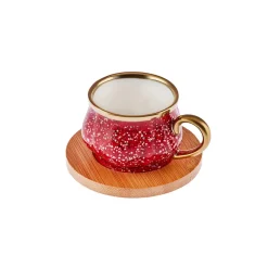 Karaca 12-Piece Bone China Espresso Turkish Coffee Cup Set with Bamboo Tray for 6 People, 90ml, Red Multi