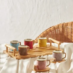 Karaca 12-Piece Bone China Espresso Turkish Coffee Cup Set with Bamboo Tray for 6 People, 90ml, Gold Multi
