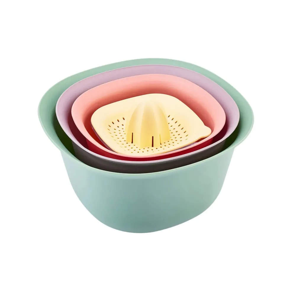 Karaca 4 Piece Multi Purpose Mixing Bowls, Colander and Citrus Squeezer Set, Multi