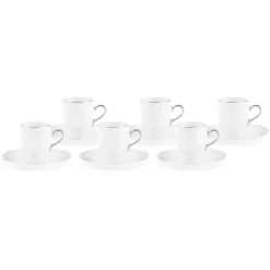 Karaca Pippo 12 Piece Porcelain Espresso Turkish Coffee Cup Set for 6 People, 75ml, White Silver