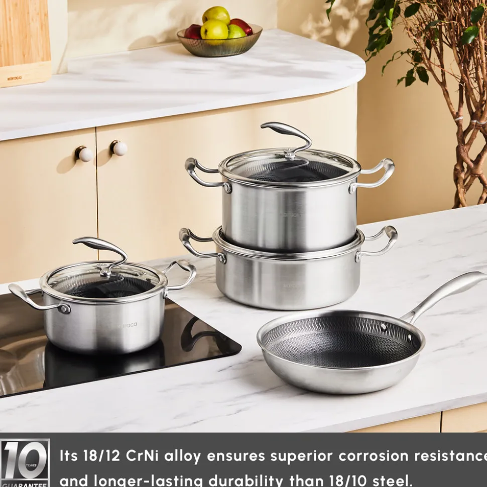 Karaca 5Ply PowerSteel 7-Piece 316+ Stainless Steel Induction Cookware Set, Silver