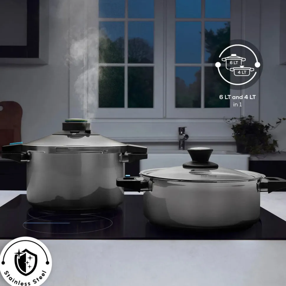 Karaca Quick and Safe 2-Piece Stainless Steel Induction Pressure Cooker Set, 4L+6L, Black Silver