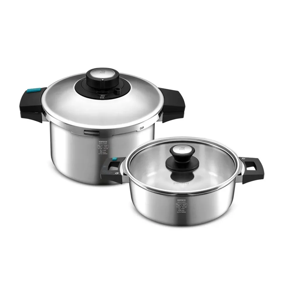 Karaca Quick and Safe 2-Piece Stainless Steel Induction Pressure Cooker Set, 4L+6L, Black Silver