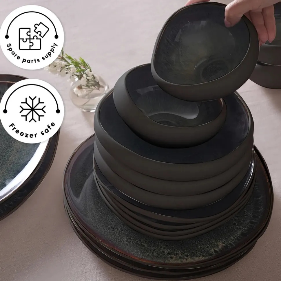 Karaca Red Carpet Collection Earth Collection New Galactic Reactive Glaze 59-Piece Dinner Set for 12 People, Black