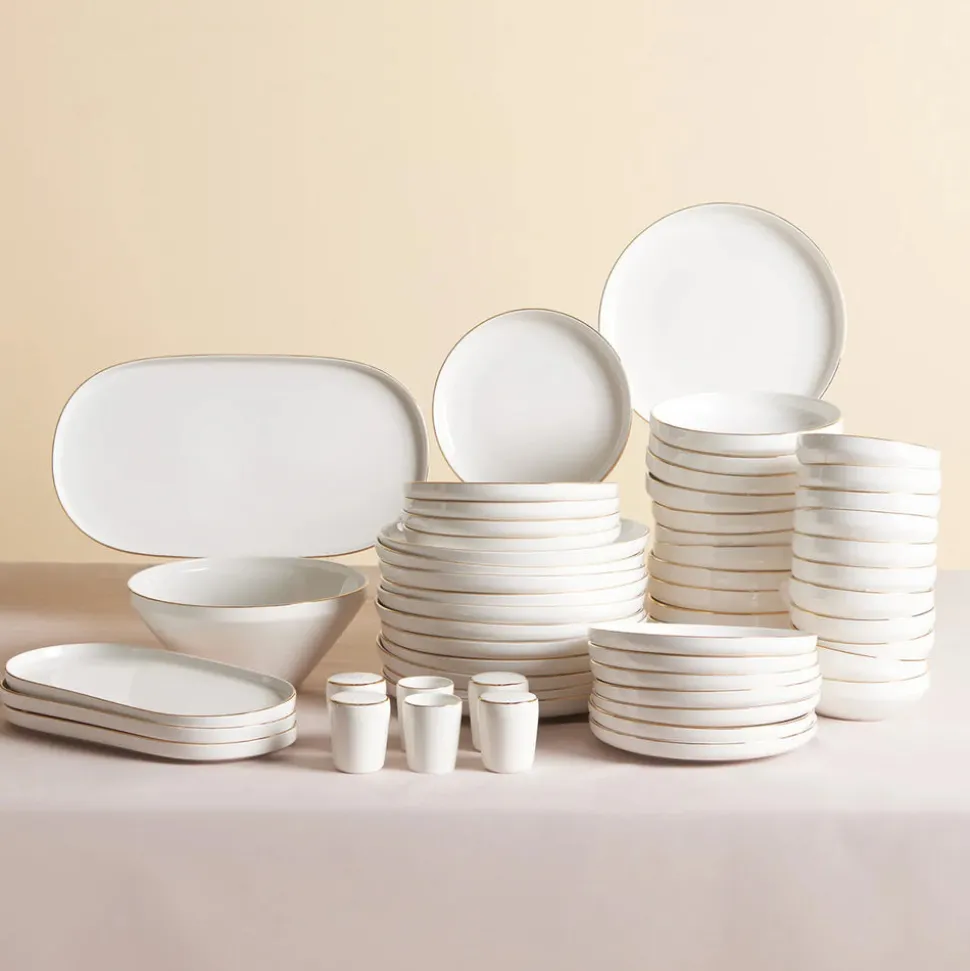 Karaca Red Carpet Collection Stream Bone China New Saturn 59-Piece Dinner Set for 12 People, White Gold