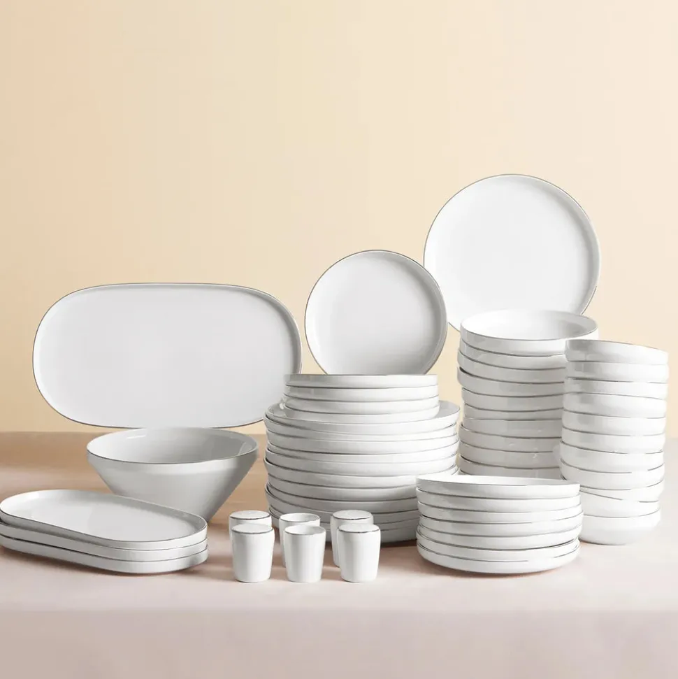 Karaca Red Carpet Collection Stream Bone China New Saturn 59-Piece Dinner Set for 12 People, White Platinum