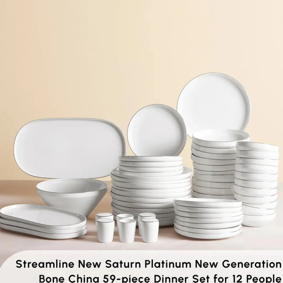 Karaca Red Carpet Collection Stream Bone China New Saturn 59-Piece Dinner Set for 12 People, White Platinum