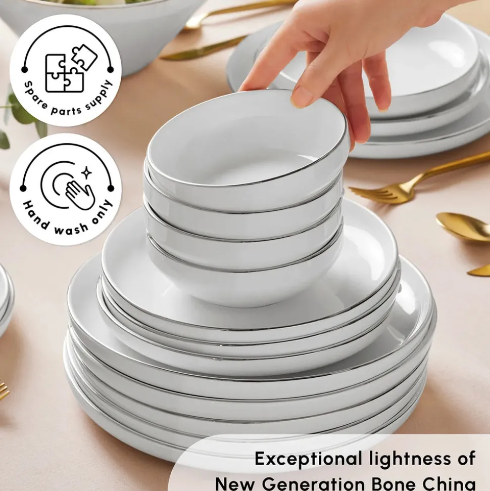 Karaca Red Carpet Collection Stream Bone China New Saturn 59-Piece Dinner Set for 12 People, White Platinum