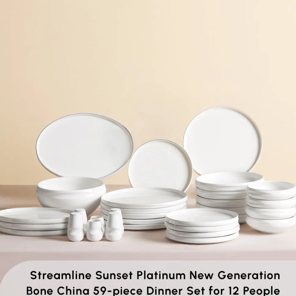 Karaca Red Carpet Collection Stream Bone China New Sunset 59-Piece Dinner Set for 12 People, Platinum White