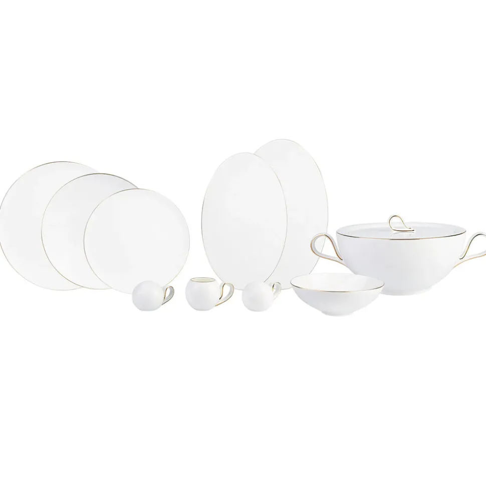 Karaca Red Carpet Collection Fine Pearl Extra Chanak 62-Piece Dinner Set for 12 People, Gold White