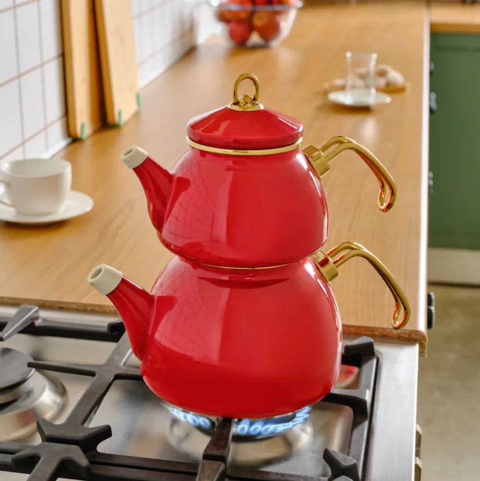 Karaca Retro Enamel Induction Teapot Set, Red
