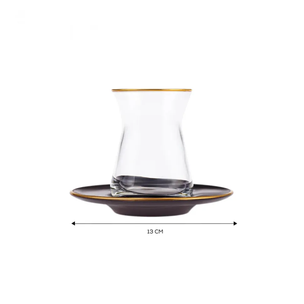 Karaca Retro 12-Piece Glass Turkish Tea Set for 6 People, 132ml, Anthracite Gold