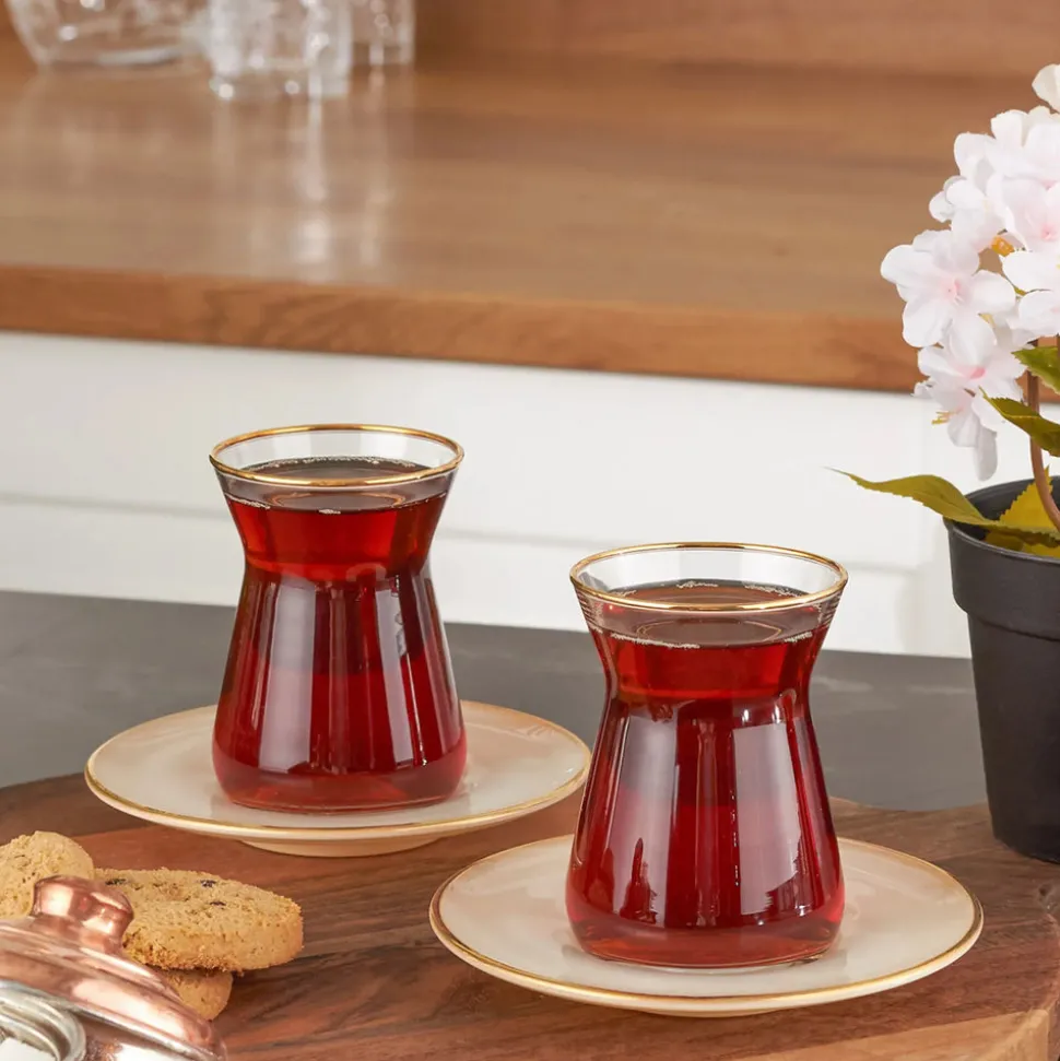 Karaca Retro 12 Piece Glass Turkish Tea Set for 6 People, 132ml, Beige Gold