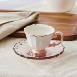 Karaca Samo 4-Piece Bone China Acrylic Plated Espresso Turkish Coffee Cup Set for 2 People, 90ml, Pink Multi