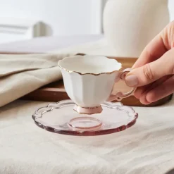 Karaca Samo 4-Piece Bone China Acrylic Plated Espresso Turkish Coffee Cup Set for 2 People, 90ml, Pink Multi