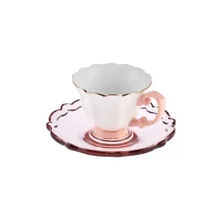Karaca Samo 4-Piece Bone China Acrylic Plated Espresso Turkish Coffee Cup Set for 2 People, 90ml, Pink Multi