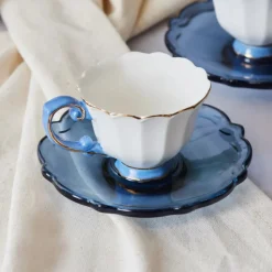 Karaca Samo 4-Piece Bone China Acrylic Plated Espresso Turkish Coffee Cup Set for 2 People, 90ml, Navy Blue Multi