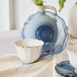 Karaca Samo 4-Piece Bone China Acrylic Plated Espresso Turkish Coffee Cup Set for 2 People, 90ml, Navy Blue Multi