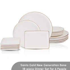Karaca Santo 18-Piece Bone China Dinner Set for 6 People, White Gold