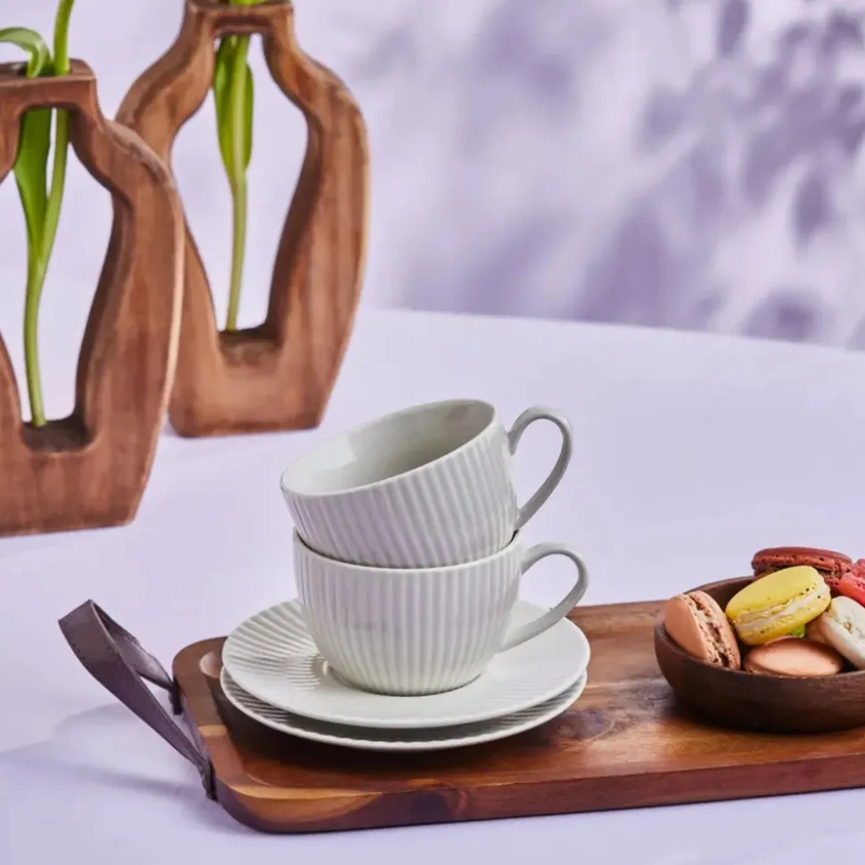 Karaca Seashell 12-Piece Porcelain Tea Cup and Saucer Set for 6 People, 200ml, Light Grey