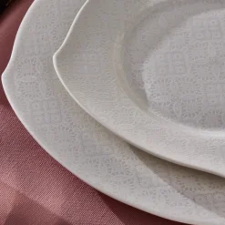 Karaca Square Bone China Fancy Embossed 53-Piece Porcelain Dinner Set for 12 People, White
