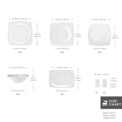Karaca Square Bone China Jamie 52-Piece Dinner Set for 12 People, White