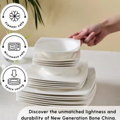 Karaca Square Bone China Jamie 52-Piece Dinner Set for 12 People, White