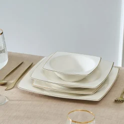 Karaca Square Bone China Mensa 24-Piece Dinner Set for 6 People, Gold