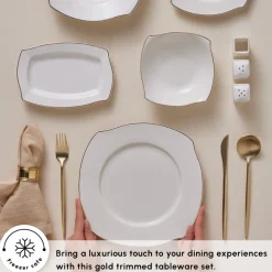 Karaca Square Bone China Wave 53-Piece Dinner Set for 12 People, Gold