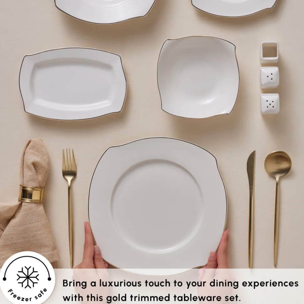 Karaca Square Bone China Wave 53-Piece Dinner Set for 12 People, Gold