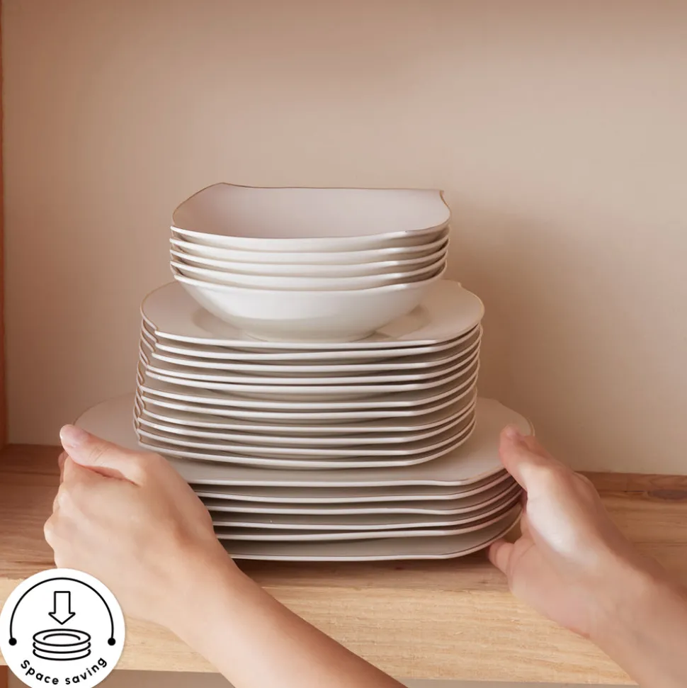 Karaca Square Bone China Wave 53-Piece Dinner Set for 12 People, Gold