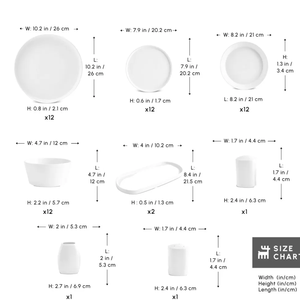 Karaca Stream Bone China Bomo 53-Piece Dinner Set for 12 People, White