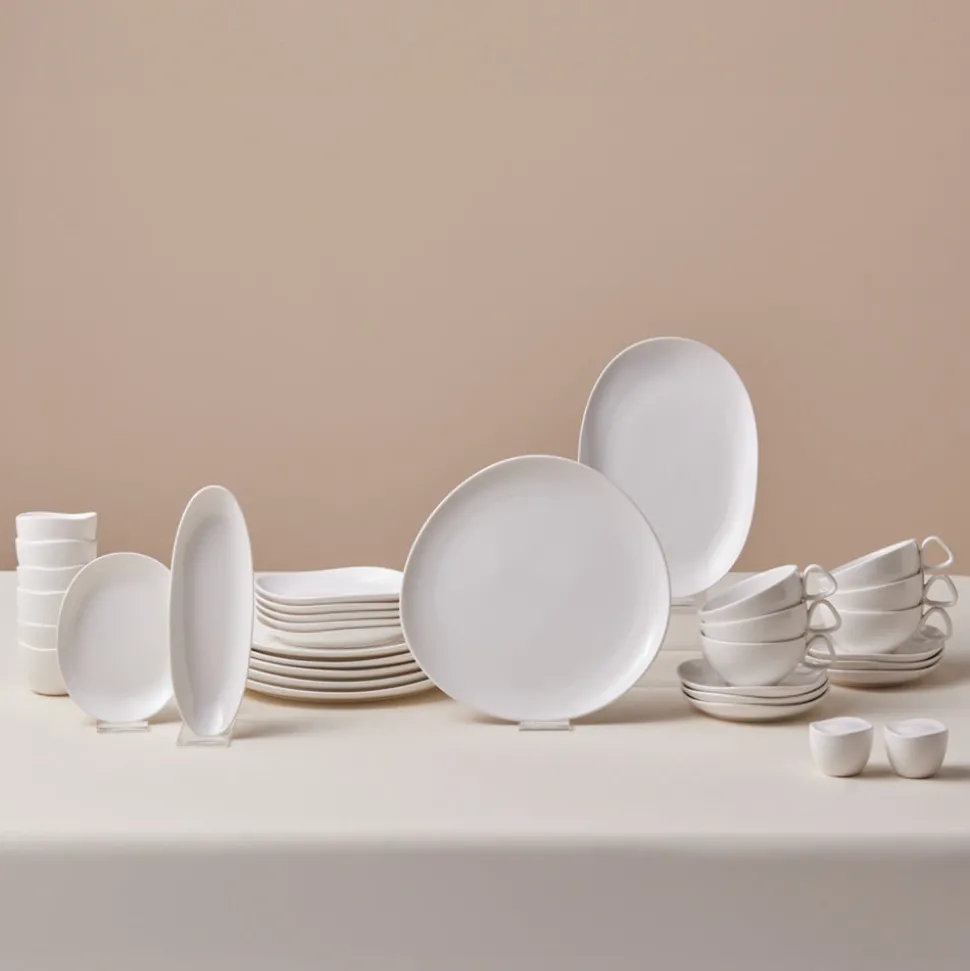 Karaca Stream Bone China Middle 34-Piece Serveware Set for 6 People, White