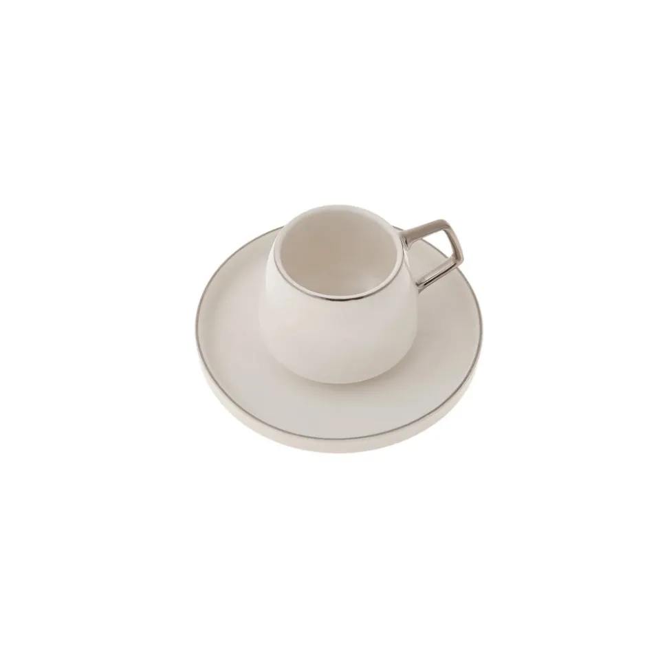 Karaca Streamline 12-Piece Porcelain Espresso Turkish Coffee Cup Set for 6 People, 100ml, White Silver