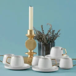 Karaca Streamline Saturn 12-Piece Porcelain Espresso Turkish Coffee Cup Set for 6 People, 100ml, White Gold