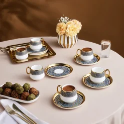 Karaca Suadiye 12-Piece Porcelain Espresso Turkish Coffee Cup for 6 People, 90ml, Blue