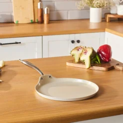 Karaca Swiss Crystal Almond Cream Non-Stick Induction Stainless Steel Handle Pancake Pan, 28cm, Cream