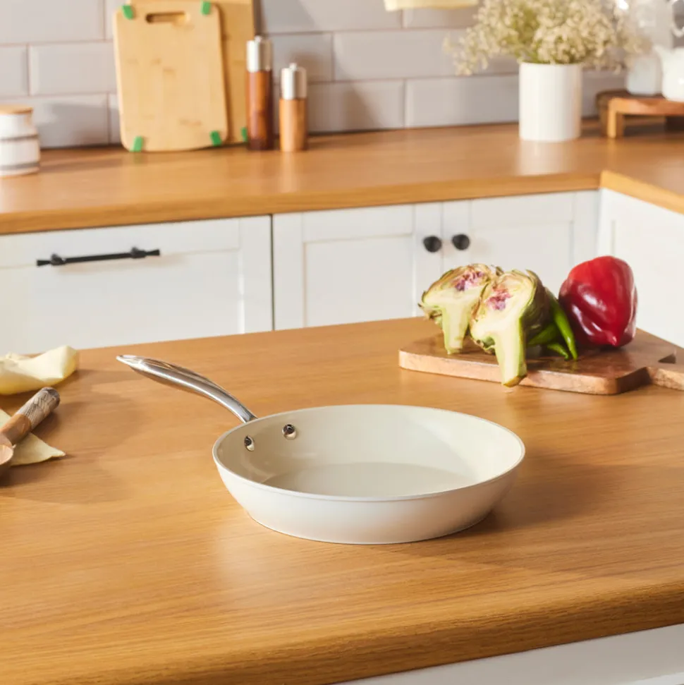 Karaca Swiss Crystal Almond Cream Non-Stick Induction Stainless Steel Handle Pan, 26cm, Cream