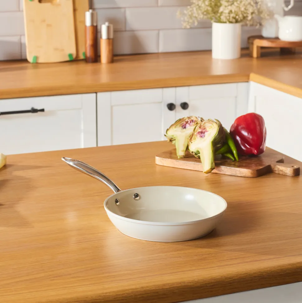 Karaca Swiss Crystal Almond Cream Non-Stick Induction Stainless Steel Handle Pan, 22cm, Cream