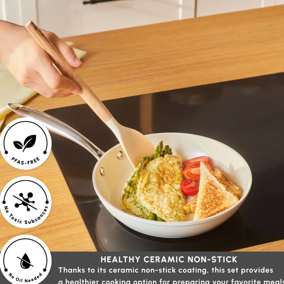 Karaca Swiss Crystal Almond Cream Non-Stick Induction Stainless Steel Handle Pan, 22cm, Cream